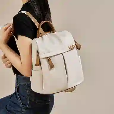 纳兰杜 大容量轻便休闲简约时尚高级感学生高中生初中生 织物 背包双肩包 大号 女款 米白色/子夜黑