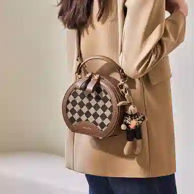 纳兰杜 包包女小众个性高级感时尚潮流通勤女包百搭 织物配合成革 小圆包手提斜挎包单肩包 中号 女款 咖色