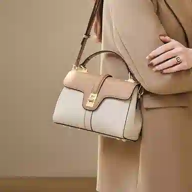 纳兰杜 手提包女高级感时尚百搭优雅女士包气质妈妈款包包洋气品牌女包 头层牛皮 单肩包斜挎包 小号 女款 米白拼杏色/大象灰