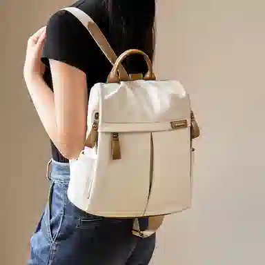 纳兰杜 大容量轻便休闲简约时尚高级感学生高中生初中生 织物 背包双肩包 大号 女款 米白色/子夜黑