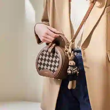 纳兰杜 包包女小众个性高级感时尚潮流通勤女包百搭 织物配合成革 小圆包手提斜挎包单肩包 中号 女款 咖色