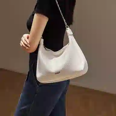 纳兰杜 时尚百搭通勤休闲软皮托特包 牛皮 链条包腋下包单肩包 大号 女款 子夜黑/米白色