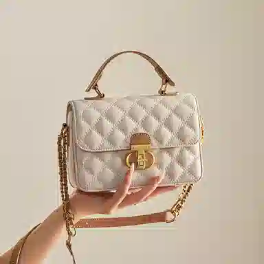 纳兰杜 休闲简约时尚百搭 牛剖层革拼合成革 单肩斜挎包 中号 女款 米白拼杏/子夜黑