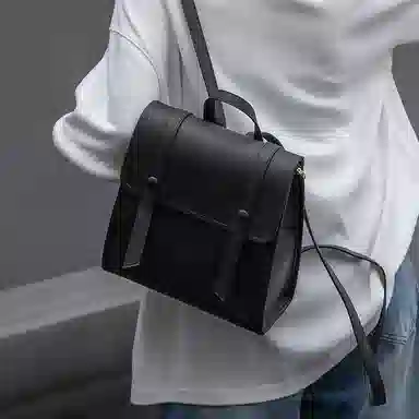 纳兰杜 英伦风百搭时尚纯色简约休闲 牛皮拼合成革 双肩包 女款 子夜黑