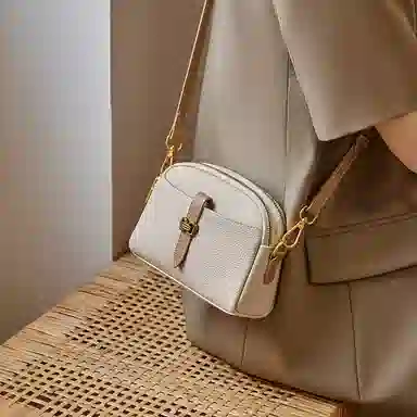 纳兰杜 洋气百搭时尚 牛皮 斜挎包 迷你 女款 米白拼杏/大象灰拼咖