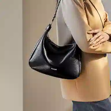 纳兰杜 时尚百搭通勤休闲软皮托特包 牛皮 链条包腋下包单肩包 大号 女款 子夜黑/米白色