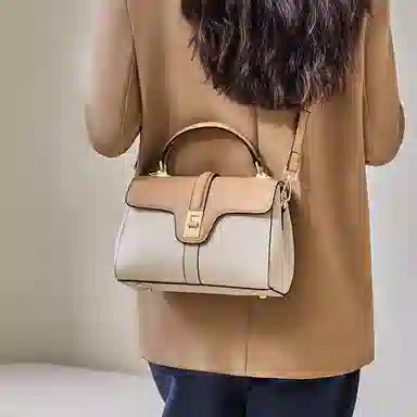 纳兰杜 手提包女高级感时尚百搭优雅女士包气质妈妈款包包洋气品牌女包 头层牛皮 单肩包斜挎包 小号 女款 米白拼杏色/大象灰