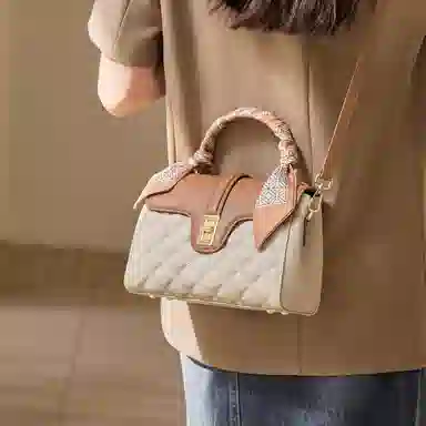 纳兰杜 手提包女高级感时尚百搭优雅女士包气质妈妈款包包洋气品牌女包 头层牛皮 单肩包斜挎包 小号 女款 米白拼杏色/大象灰