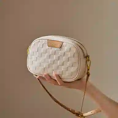 纳兰杜 女包休闲百搭通勤精致小众品牌包包 头层牛皮 小方包单肩斜挎包 小号 女款 米白拼杏/大象灰