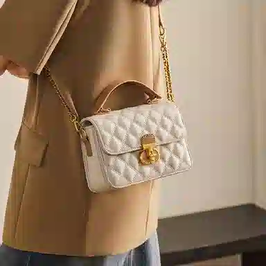 纳兰杜 休闲简约时尚百搭 牛剖层革拼合成革 单肩斜挎包 中号 女款 米白拼杏/子夜黑