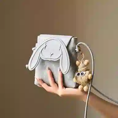 纳兰杜 小众卡通可爱兔子设计休闲简约时尚百搭 合成革 手机包 迷你 女款 太空银/咖色