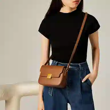 纳兰杜 包包女小众个性时尚高级感潮流百搭款 牛皮拼合成革 小方包斜挎包单肩包豆腐包 小号 女款 棕色