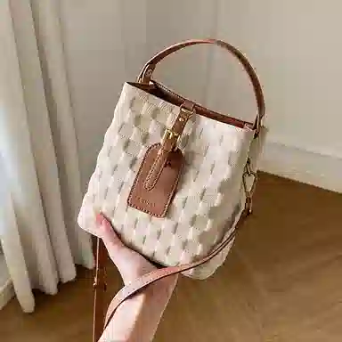 纳兰杜 洋气精致休闲高级感 头层牛皮 水桶包手提包 迷你 女款 米白拼棕/大象灰