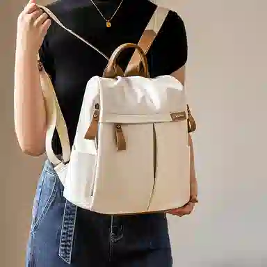 纳兰杜 大容量轻便休闲简约时尚高级感学生高中生初中生 织物 背包双肩包 大号 女款 米白色/子夜黑