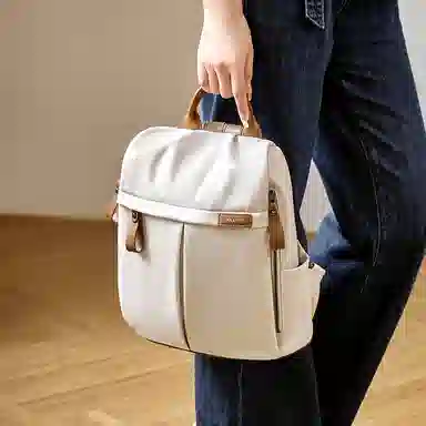 纳兰杜 大容量轻便休闲简约时尚高级感学生高中生初中生 织物 背包双肩包 大号 女款 米白色/子夜黑