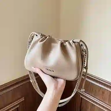 纳兰杜 链条小众百搭潮流少女包包 牛皮 腋下包云朵包斜挎包单肩包 小号 女款 米白色/燕麦色