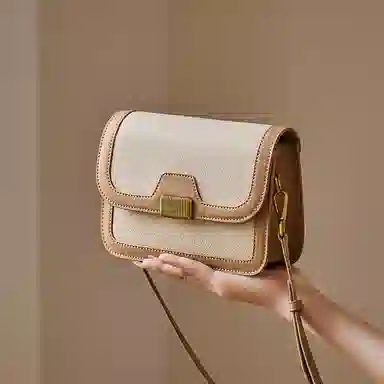 纳兰杜 高级感时尚百搭包包撞色小众设计夏天真皮女包 头层牛皮 斜挎包小方包豆腐包单肩包 中号 女款 米白拼杏