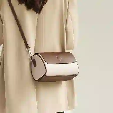 纳兰杜 流行时尚拼色高级感设计感百搭大容量 牛皮 小圆包圆筒包单肩斜挎包 常规 女款 米白配咖色/奶茶配杏色