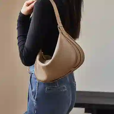 纳兰杜 韩系时尚百搭高级感大容量纯色软皮腋下通勤 头层牛皮拼合成革 饺子包月牙包单肩包 女款 大象灰/咖色