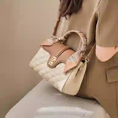 纳兰杜 手提包女高级感时尚百搭优雅女士包气质妈妈款包包洋气品牌女包 头层牛皮 单肩包斜挎包 小号 女款 米白拼杏色/大象灰