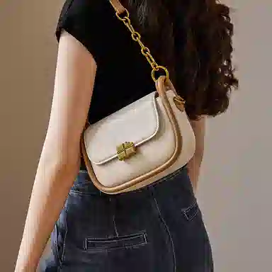 纳兰杜 包包潮流百搭时尚女生通勤高颜值精致女包 合成革 马鞍包小方包单肩斜挎包 女款 太妃糖棕/米白拼棕