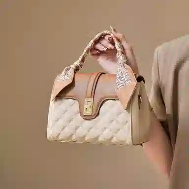 纳兰杜 手提包女高级感时尚百搭优雅女士包气质妈妈款包包洋气品牌女包 头层牛皮 单肩包斜挎包 小号 女款 米白拼杏色/大象灰