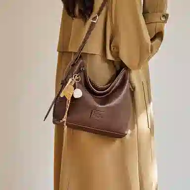 纳兰杜 复古小众设计单肩包高级质感休闲百搭女包 织物 水桶包腋下包斜挎包 大号 女款 植鞣咖色