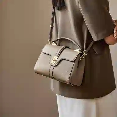 纳兰杜 手提包女高级感时尚百搭优雅女士包气质妈妈款包包洋气品牌女包 头层牛皮 单肩包斜挎包 小号 女款 米白拼杏色/大象灰