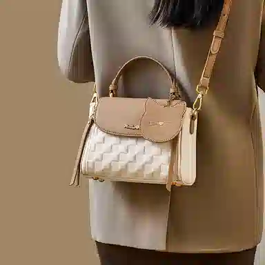 纳兰杜 高级感时尚百搭通勤妈妈款气质休闲实用女包 头层牛皮拼合成革 小方包手提包单肩斜挎包 常规 女款 米白拼杏