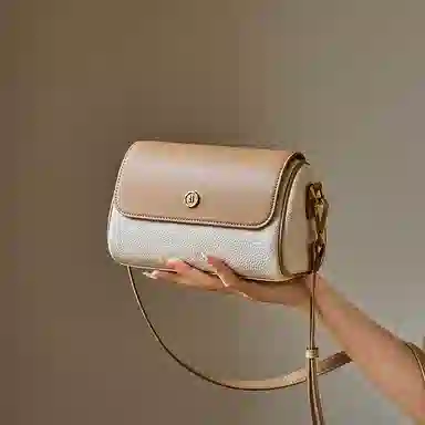 纳兰杜 百搭休闲通勤实用潮流 头层牛皮 圆筒包斜挎包 女款 米白拼杏/大象灰