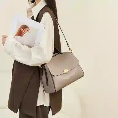 纳兰杜 时尚高级感通勤大容量百搭时尚气质优雅 牛皮 妈妈包斜挎手提包 中号 女款 大象灰/  阿拉斯加白拼咖啡色/ 雀巢咖