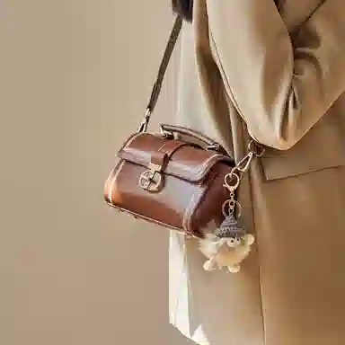 纳兰杜 秋冬时尚休闲百搭少女 真皮油蜡牛皮 单肩包手提斜挎包 小号 女款 棕色/子夜黑