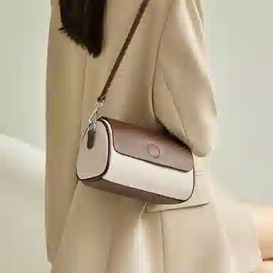 纳兰杜 流行时尚拼色高级感设计感百搭大容量 牛皮 小圆包圆筒包单肩斜挎包 常规 女款 米白配咖色/奶茶配杏色