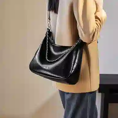 纳兰杜 时尚百搭通勤休闲软皮托特包 牛皮 链条包腋下包单肩包 大号 女款 子夜黑/米白色