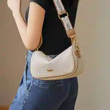 纳兰杜 简约百搭时尚潮流通勤 头层牛皮 斜挎包单肩包 中号 女款 米白拼杏/大象灰