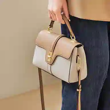 纳兰杜 手提包女高级感时尚百搭优雅女士包气质妈妈款包包洋气品牌女包 头层牛皮 单肩包斜挎包 小号 女款 米白拼杏色/大象灰