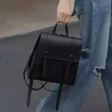 纳兰杜 英伦风百搭时尚纯色简约休闲 牛皮拼合成革 双肩包 女款 子夜黑