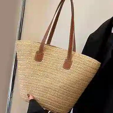 纳兰杜 通勤百搭休闲 织物拼合成革 单肩包 女款 卡其色 大号