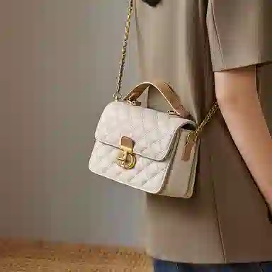 纳兰杜 休闲简约时尚百搭 牛剖层革拼合成革 单肩斜挎包 中号 女款 米白拼杏/子夜黑