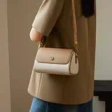 纳兰杜 百搭休闲通勤实用潮流 头层牛皮 圆筒包斜挎包 女款 米白拼杏/大象灰