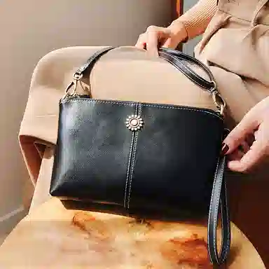 纳兰杜 女包百搭复古通勤优雅简约实用精致休闲 牛皮拼合成革 妈妈包单肩斜挎包小方包 中号 女款 黑色
