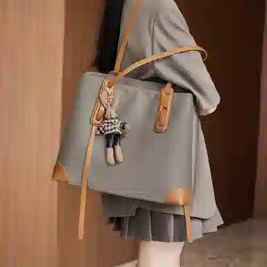 纳兰杜 百搭大容量时尚轻便通勤出行简约潮流购物袋 织物拼合成革 托特包单肩包 大号 女款 卡其棕/黑色