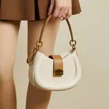 纳兰杜 高级感时尚包包女百搭少女包潮流小众设计感 合成革 马鞍包腋下包斜挎包单肩包 小号 女款 米白拼杏