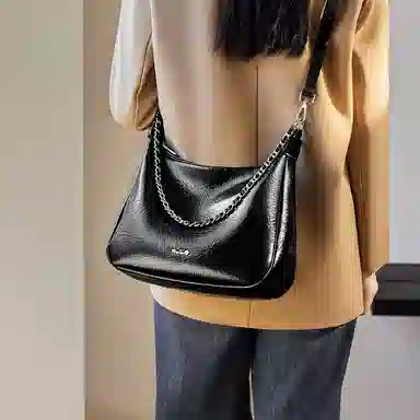 纳兰杜 时尚百搭通勤休闲软皮托特包 牛皮 链条包腋下包单肩包 大号 女款 子夜黑/米白色