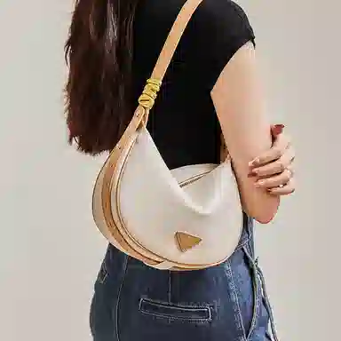 纳兰杜 女包百搭休闲潮流高级质感时尚包包 牛皮拼合成革 饺子包腋下包斜挎单肩包 大号 女款 米白拼杏/焦糖棕/子夜