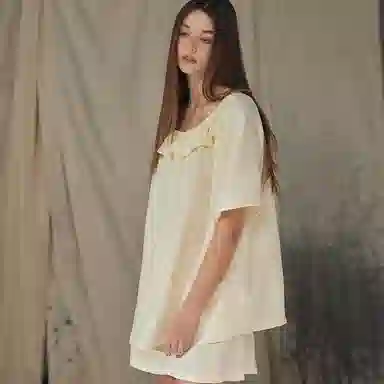 俏薇妮 简约柔软纯色短袖上衣家居服舒适透气休闲三分裤睡衣套装 女款 杏色