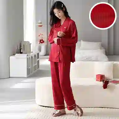 俏薇妮 简约纯色柔软喜庆高级感长袖长裤家居服舒适休闲透气可外穿睡衣套装 女款 礼盒装 红色