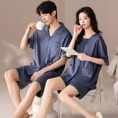 俏薇妮 柔软简约纯色时尚优雅高级感短袖短裤家居服舒适透气休闲宽松凉感可外穿夏季睡衣套装 男女同款 蓝色