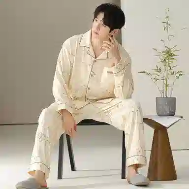 俏薇妮 复古国风翻领开衫家居服新中式高级感舒适可外穿睡衣套装 男款 杏色