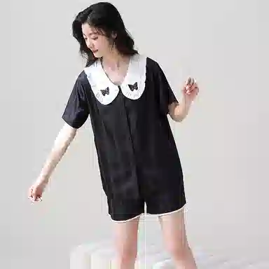 俏薇妮 简约纯色柔软时尚优雅高级感短袖三分裤家居服休闲舒适凉爽透气可外穿睡衣套装 女款 黑色